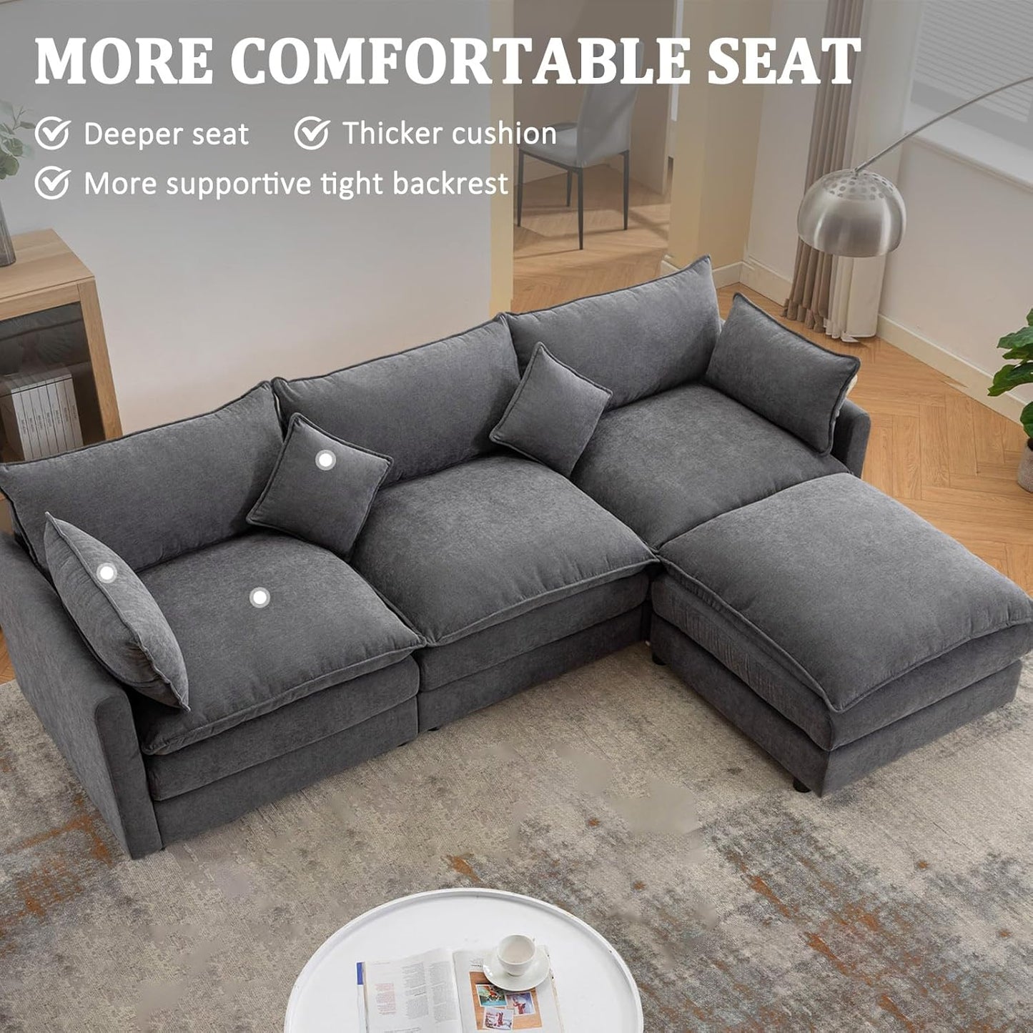 L-Shaped Modular Sectional Sofa, Deep 3-Seat Sofas with Moveable Ottoman, Comfy Modular Couch with Chenille Covers, Small Sofa Furniture for Living Room, Apartment, Studio, Office, Gray