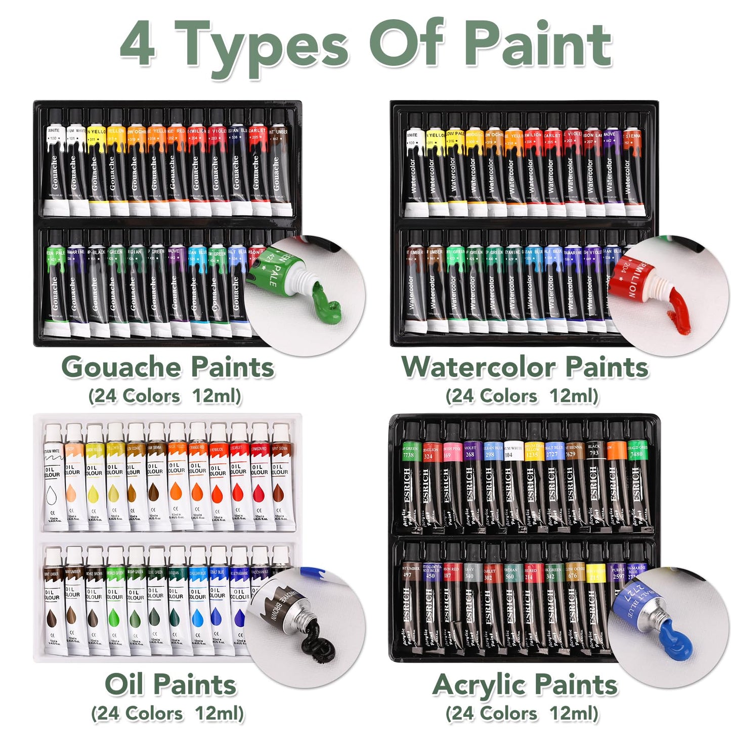 ESRICH Acrylic Paint Set,Professional Painting Supplies with Acrylic Paint,Canvas Panels,Paint Brushes,Paint Knife,Sponge,Plastic Palette and Wooden Easel for Adults,Kids and Artists.