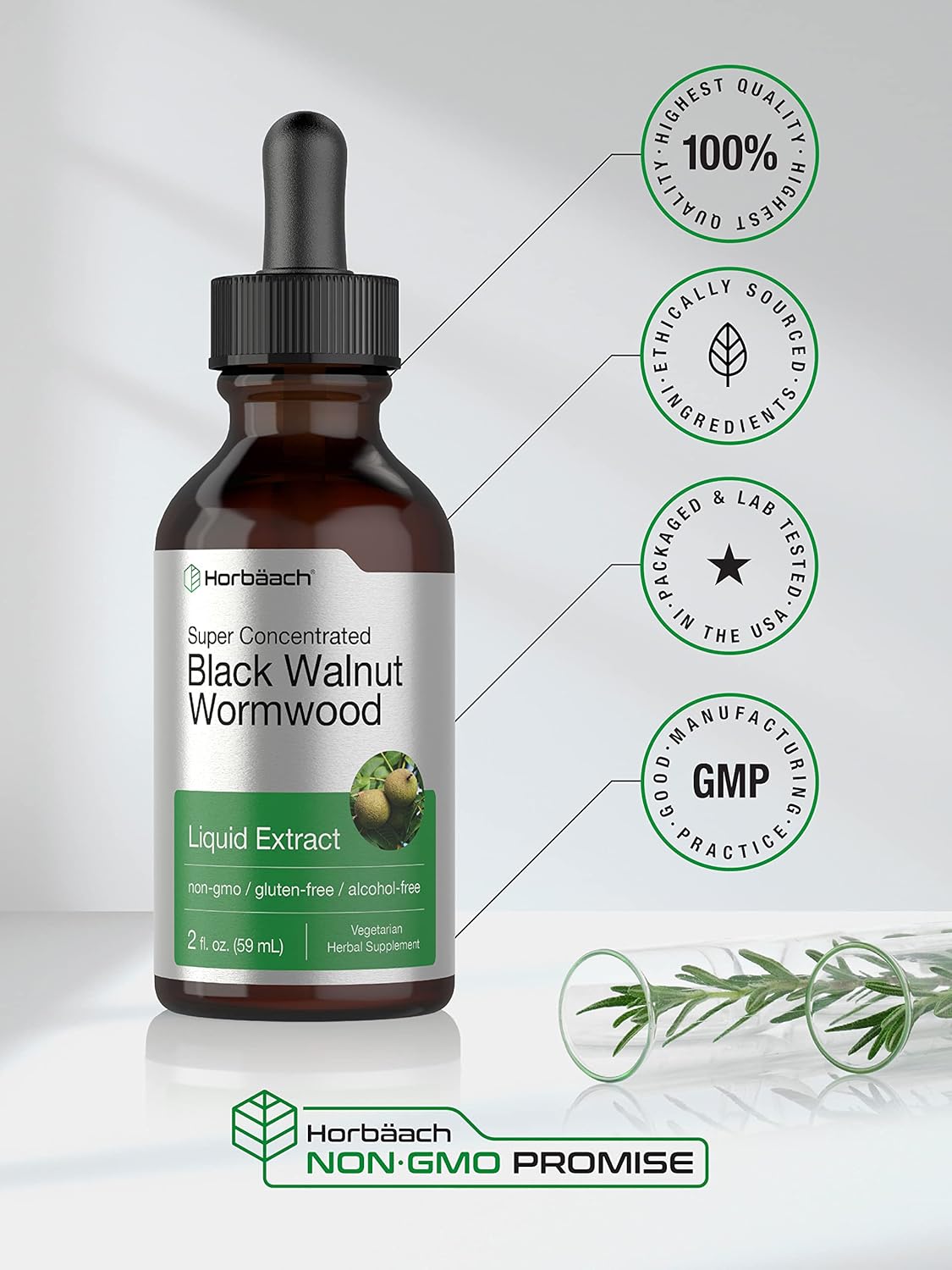 Horbäach Black Walnut Wormwood Liquid Extract | 2 fl oz | Alcohol Free Tincture | Vegetarian, Non-GMO & Gluten Free