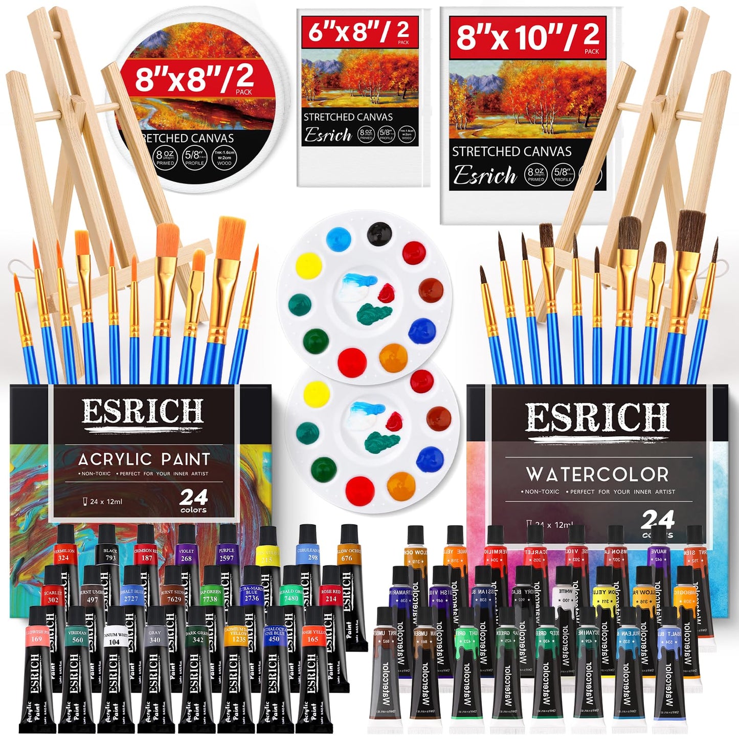 ESRICH Acrylic Paint Set,Professional Painting Supplies with Acrylic Paint,Canvas Panels,Paint Brushes,Paint Knife,Sponge,Plastic Palette and Wooden Easel for Adults,Kids and Artists.