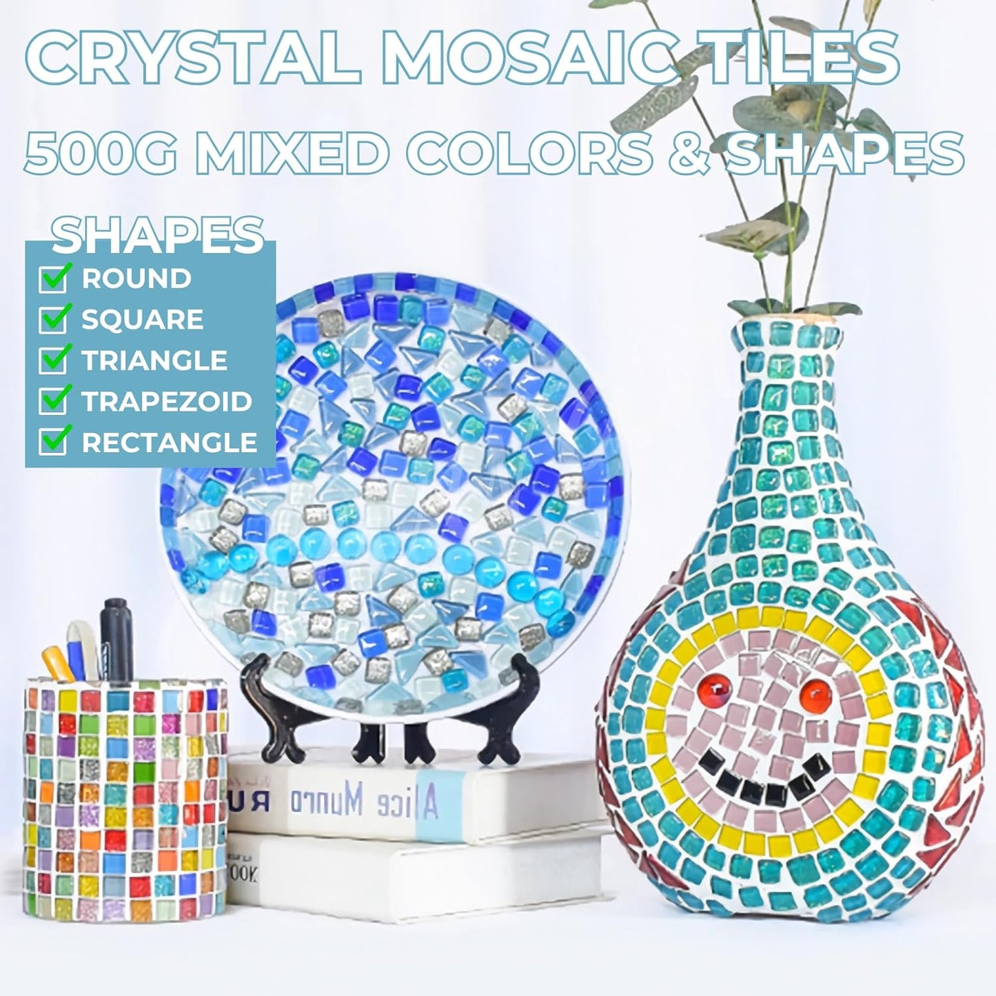 500g Mixed Color Crystal Mosaic Tiles, Atarvana 0.4''X0.4'' Mosaic Tile for DIY Art Projects with Different Shapes Tiles, Square, Triangle, Rounds Mosaic Tile for Handmade Craft