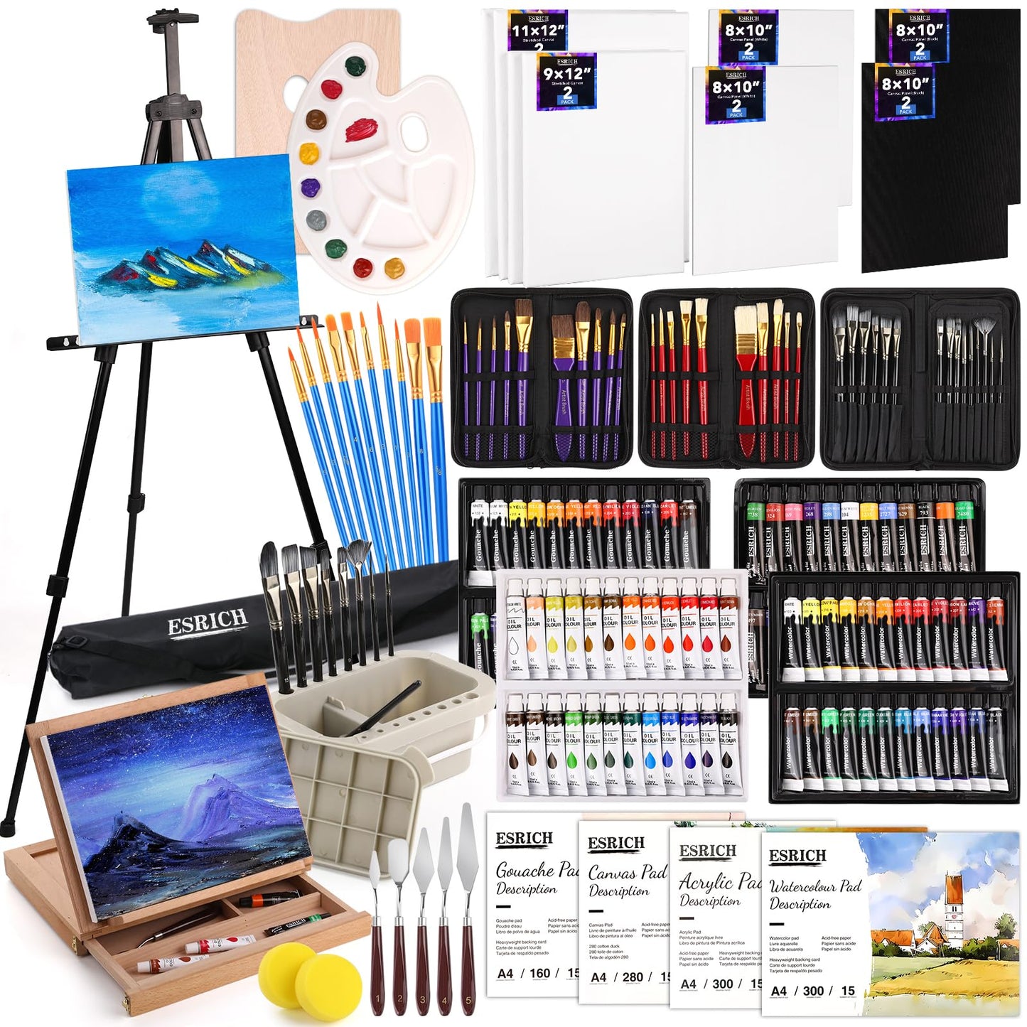 ESRICH Acrylic Paint Set,Professional Painting Supplies with Acrylic Paint,Canvas Panels,Paint Brushes,Paint Knife,Sponge,Plastic Palette and Wooden Easel for Adults,Kids and Artists.