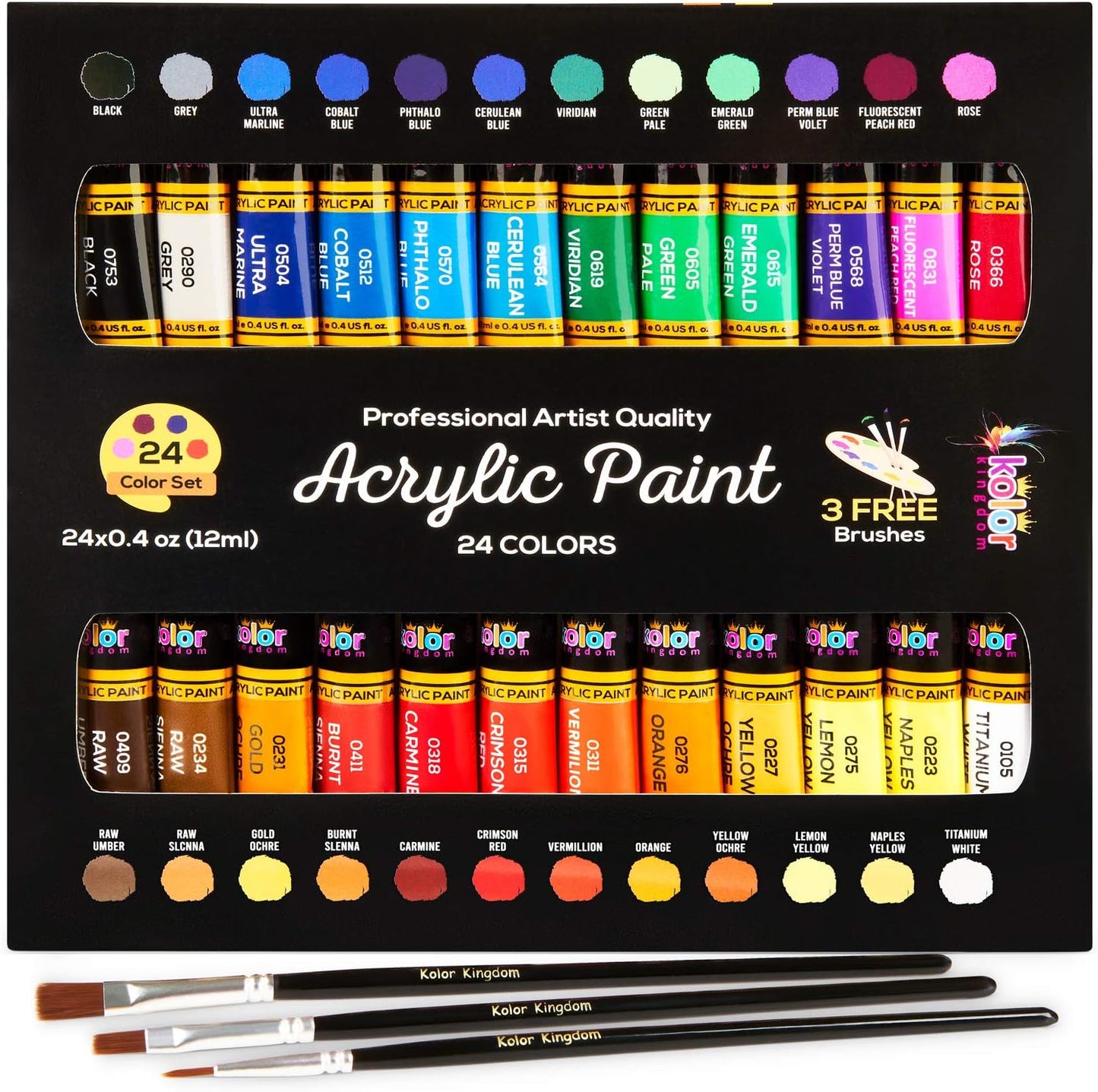 Acrylic Paint Set Canvas Art Paints 24 Colors Perfect Paint Finish (0.41oz,12 ml) With 3 Brushes - Painting Canvas, Paper, Wood, Rock, MDF, Ceramic & Fabric