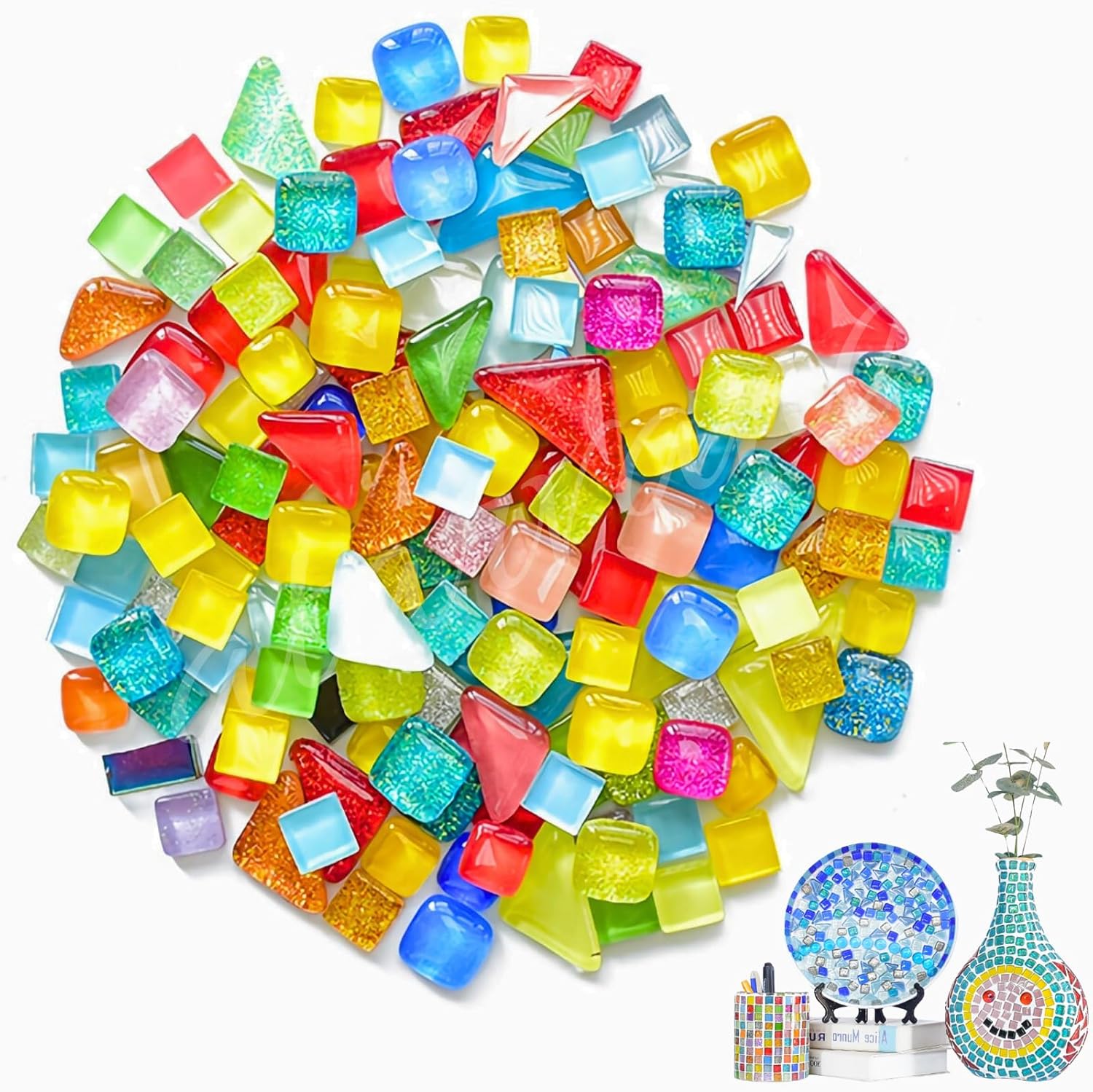 500g Mixed Color Crystal Mosaic Tiles, Atarvana 0.4''X0.4'' Mosaic Tile for DIY Art Projects with Different Shapes Tiles, Square, Triangle, Rounds Mosaic Tile for Handmade Craft