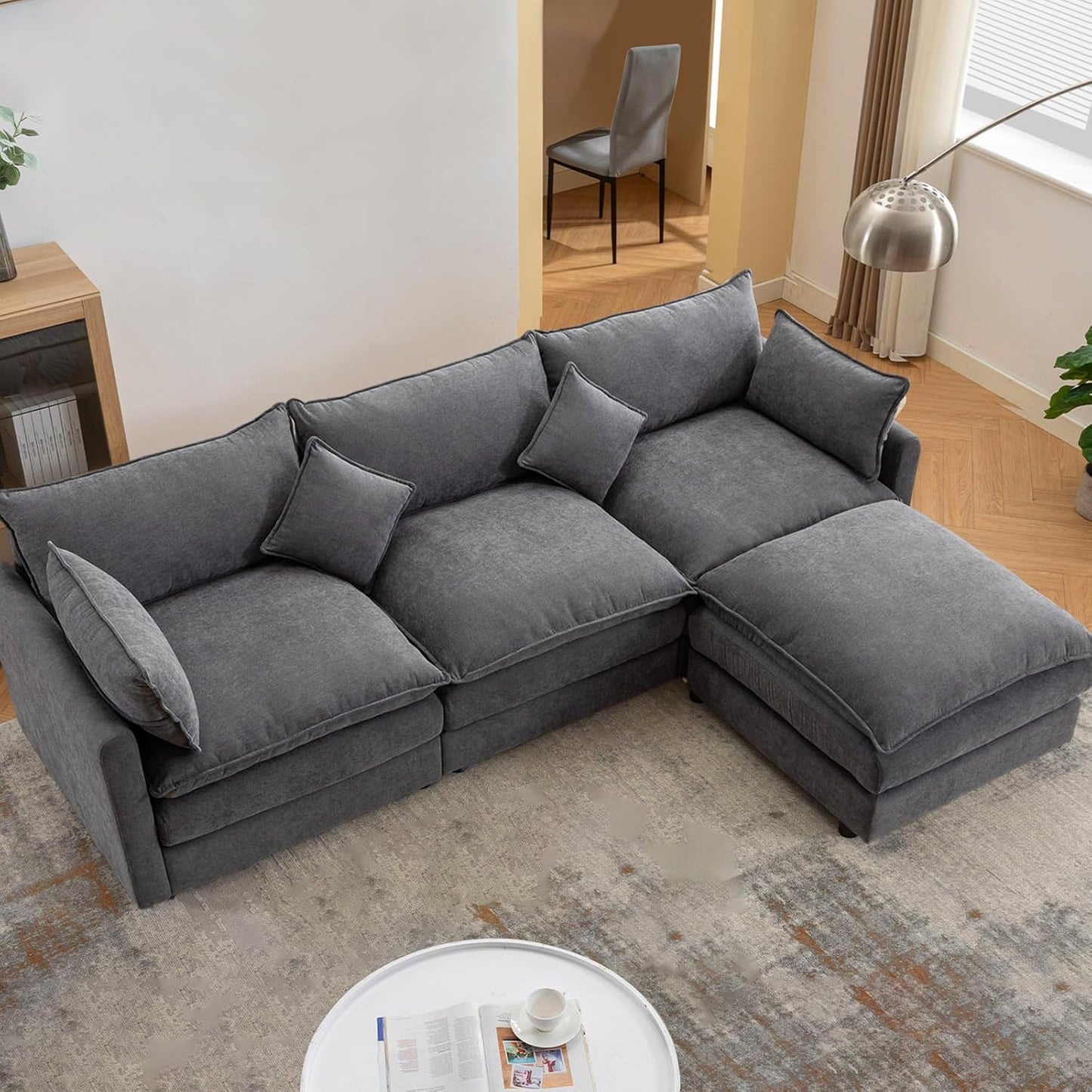 L-Shaped Modular Sectional Sofa, Deep 3-Seat Sofas with Moveable Ottoman, Comfy Modular Couch with Chenille Covers, Small Sofa Furniture for Living Room, Apartment, Studio, Office, Gray