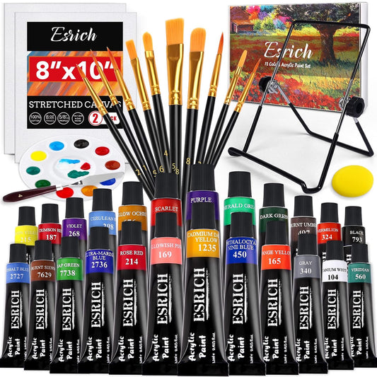 ESRICH Acrylic Paint Set,Professional Painting Supplies with Acrylic Paint,Canvas Panels,Paint Brushes,Paint Knife,Sponge,Plastic Palette and Wooden Easel for Adults,Kids and Artists.