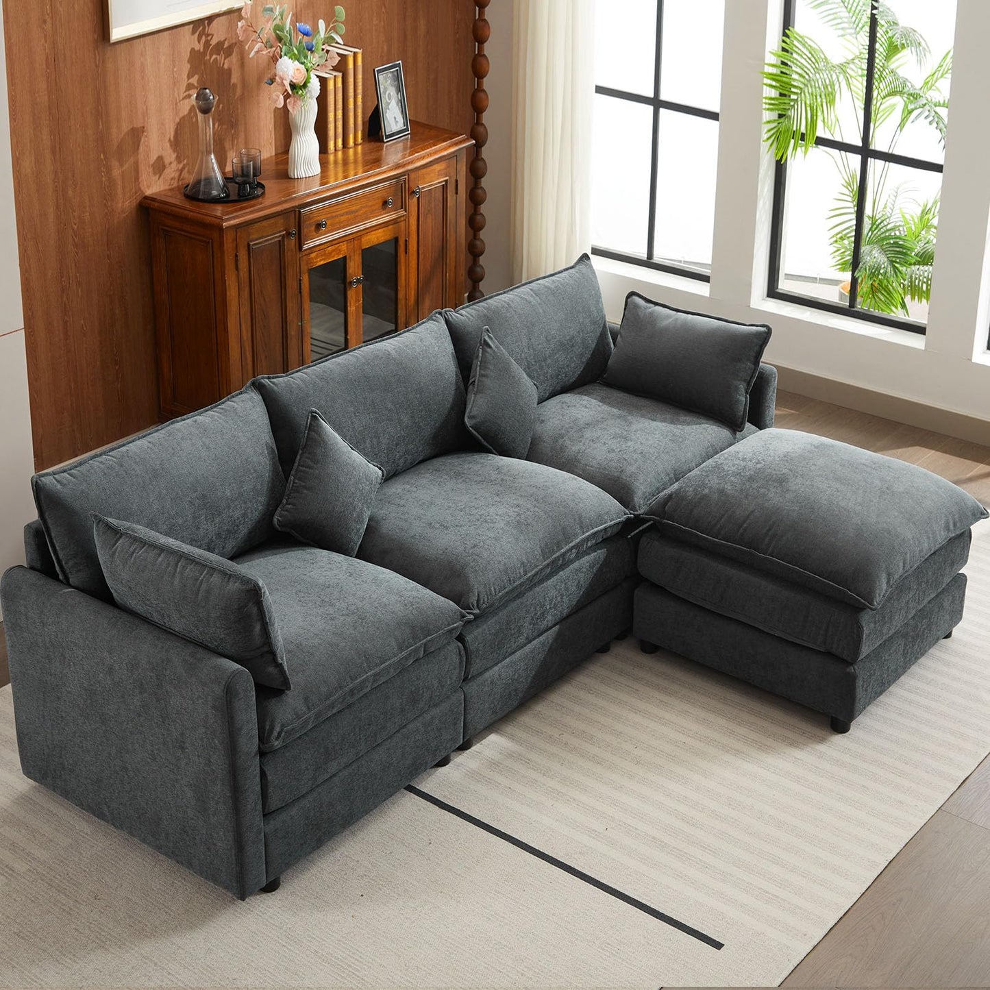 L-Shaped Modular Sectional Sofa, Deep 3-Seat Sofas with Moveable Ottoman, Comfy Modular Couch with Chenille Covers, Small Sofa Furniture for Living Room, Apartment, Studio, Office, Gray