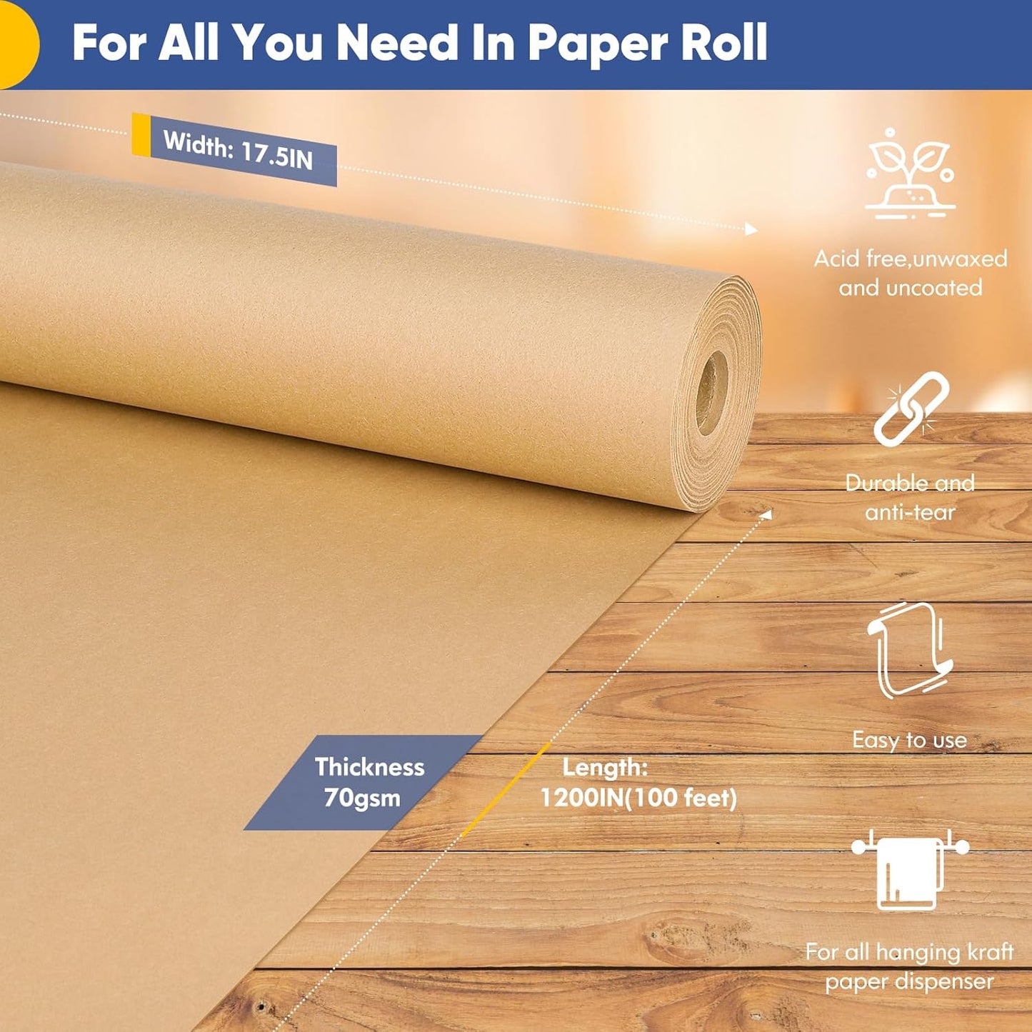 Vanhench Brown Wrapping Paper, Craft Kraft Paper 17.5"x 1200"(100') for Gift Wrapping Bulletin Board Arts & Crafts, Bouquet Flower Table Covering Poster Packing Shipping Moving Supplies 70GSM 50LB