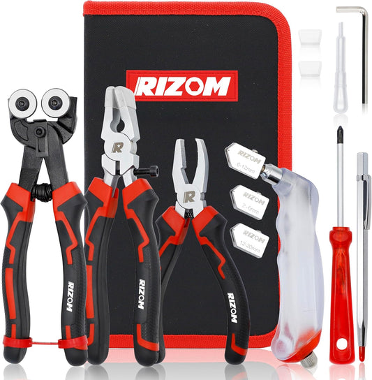 Rizom Glass Cutting Tool, Glass Cutter 2-20MM, 8" Tile Nippers, 8" Glass Running Pliers with Curved Jaws, 6" Breaker Grozer Pliers, Glass Cutter Kit for Stained Glass, Tiles, Mosaic Cutting