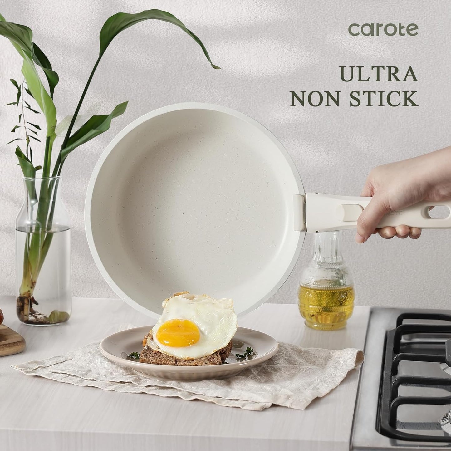 CAROTE Pots and Pans Set Non Stick, Cookware Sets, 11pcs Kitchen Set, Oven/Fridge Safe, Space Saving Pots Set, Nonstick Set with Versatile Removable/Detachable Handle, Induction RV Set, Cream White