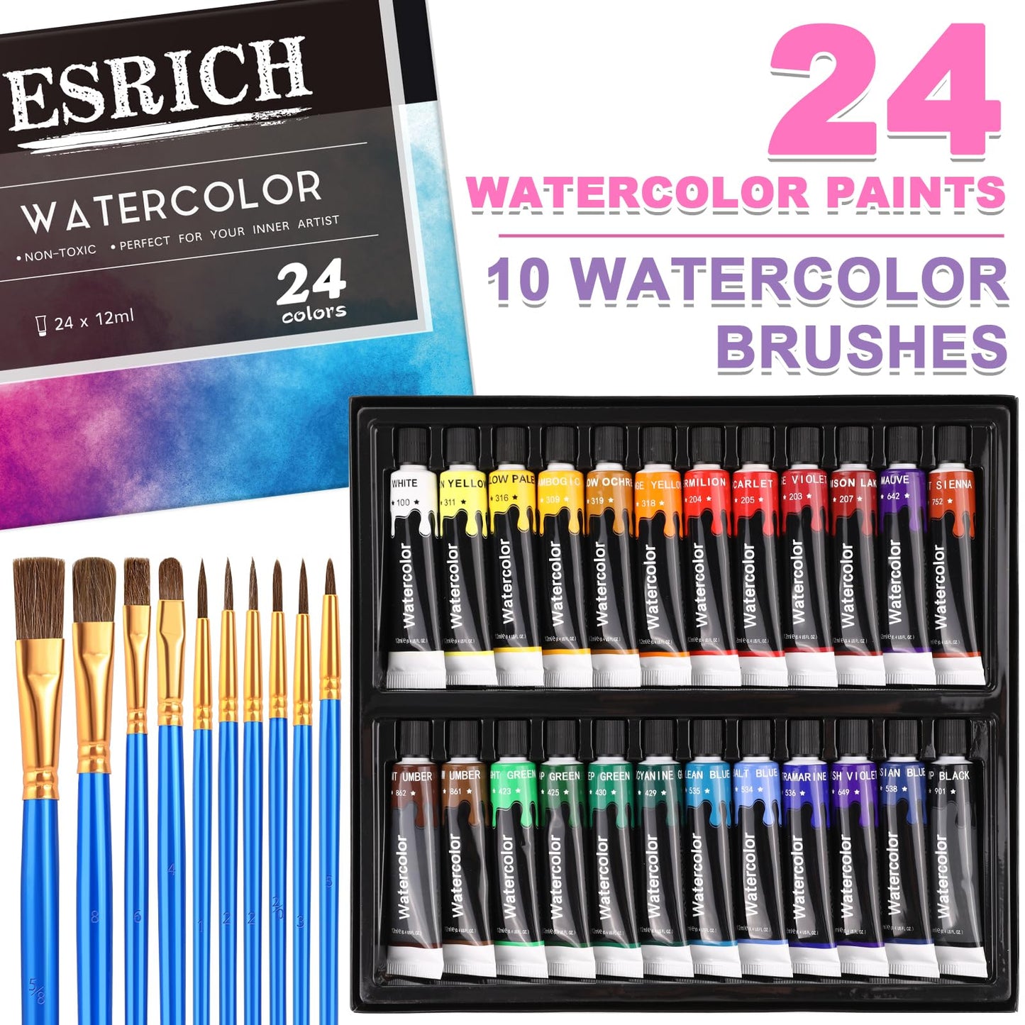 ESRICH Acrylic Paint Set,Professional Painting Supplies with Acrylic Paint,Canvas Panels,Paint Brushes,Paint Knife,Sponge,Plastic Palette and Wooden Easel for Adults,Kids and Artists.