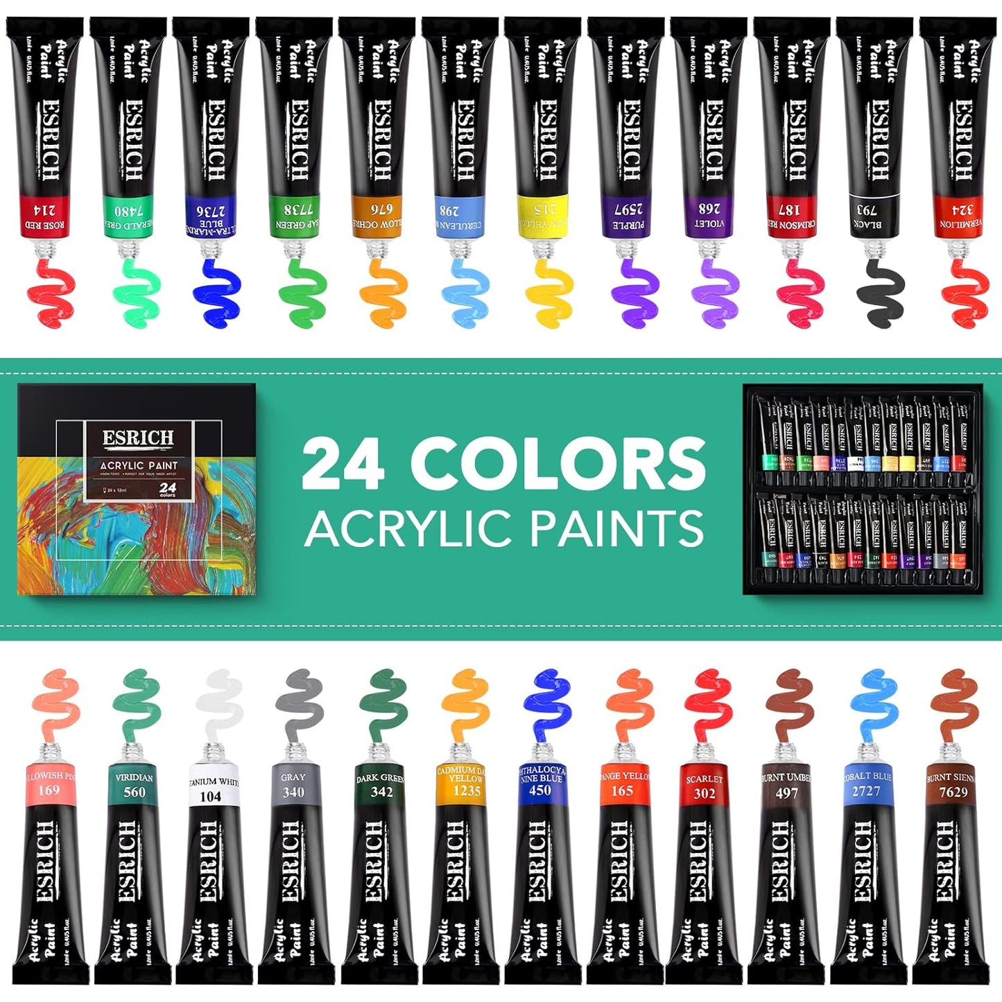 ESRICH Acrylic Paint Set,Professional Painting Supplies with Acrylic Paint,Canvas Panels,Paint Brushes,Paint Knife,Sponge,Plastic Palette and Wooden Easel for Adults,Kids and Artists.