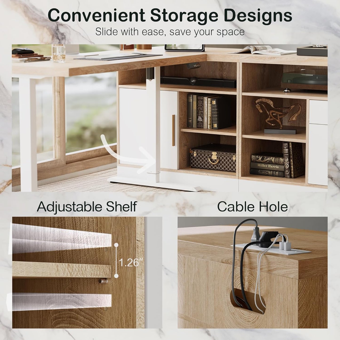 Furniture Sets 67" L Shaped Standing Desk, a Book Shelf with Drawers, and a Wood Lateral File Cabinet for Home Office, Light Walnut