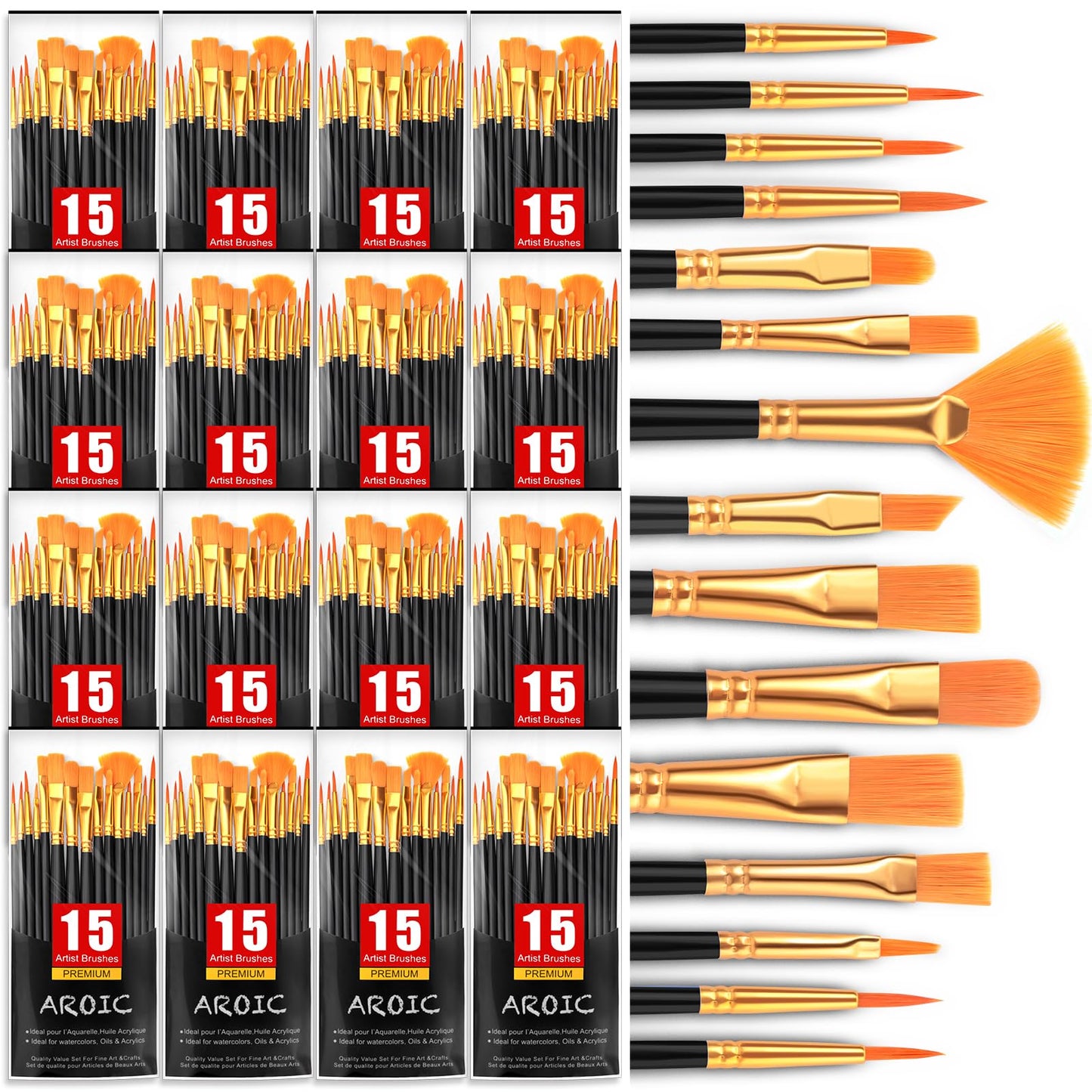 AROIC Acrylic Paint Brush Set,16pack/240pcs Nylon Hair Oil Watercolor Rock Face Painting Artist Paint Brushes, 15 Sizes Paint Brush Set for All Purposes Kids Adult Arts Paint Brush Supplies.