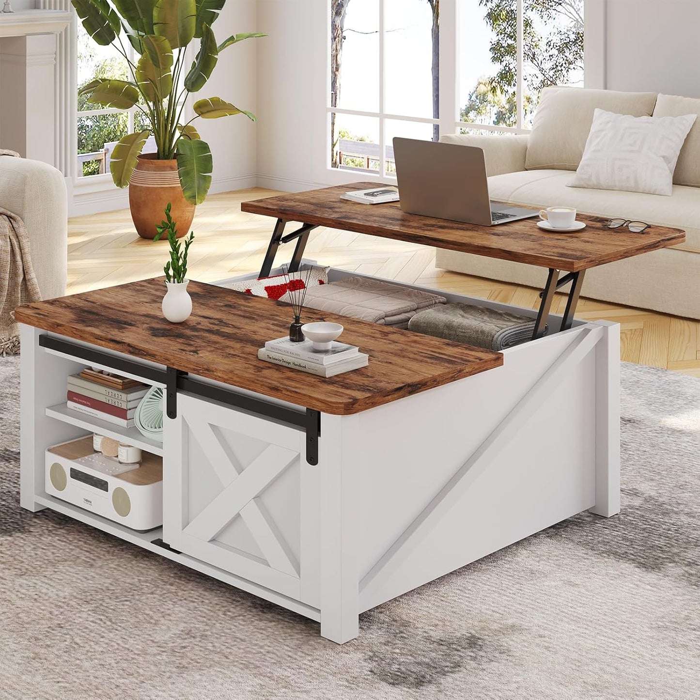 SEDETA 31.5" Lift Top Coffee Table with Storage, Square Coffee Table for Living Room, Farmhouse Coffee Table with Large Hidden Storage Compartment and Adjustable Shelves, White