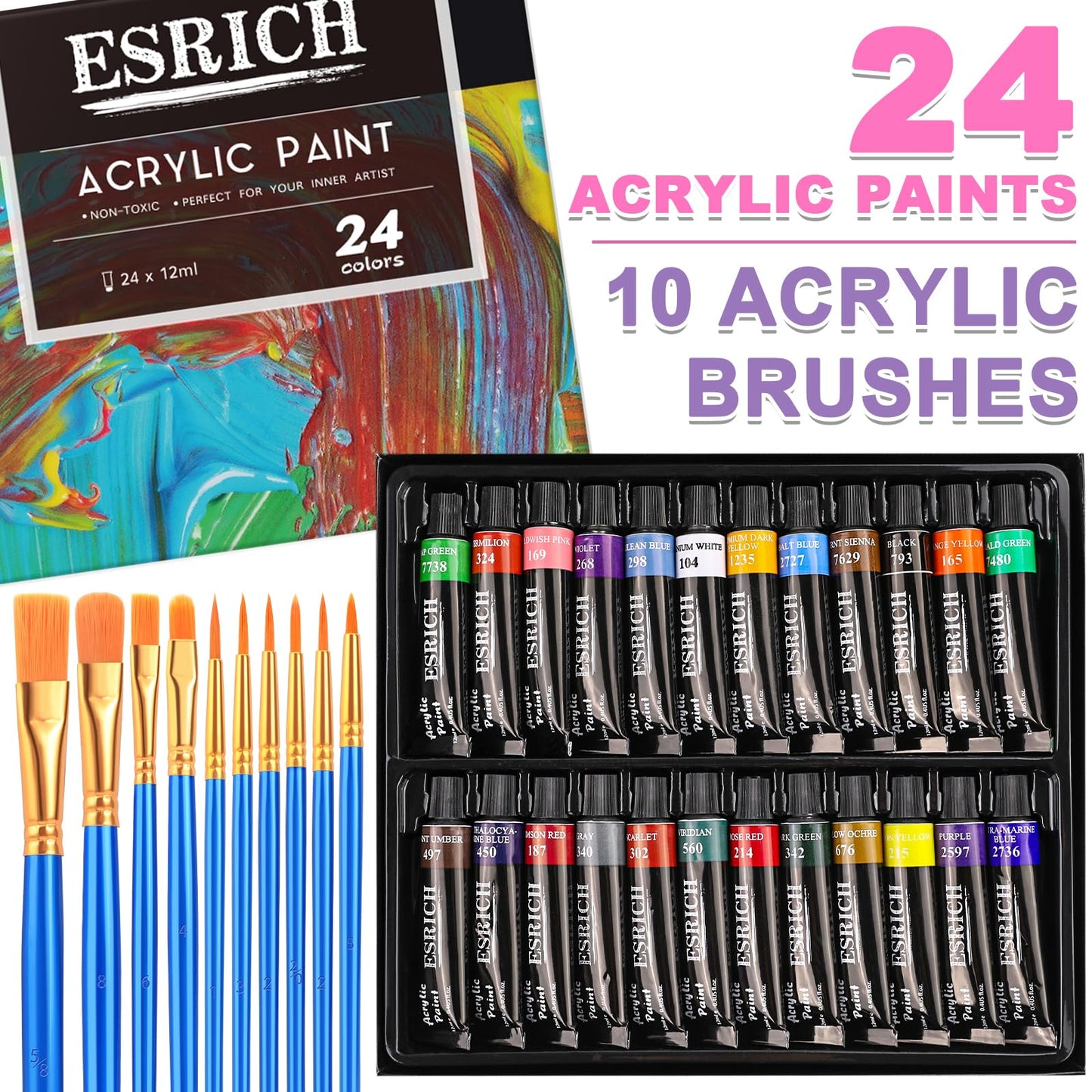 ESRICH Acrylic Paint Set,Professional Painting Supplies with Acrylic Paint,Canvas Panels,Paint Brushes,Paint Knife,Sponge,Plastic Palette and Wooden Easel for Adults,Kids and Artists.