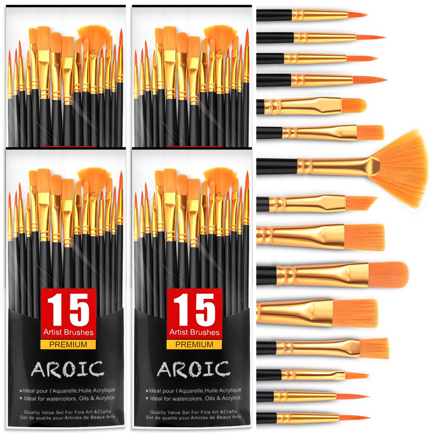 AROIC Acrylic Paint Brush Set,16pack/240pcs Nylon Hair Oil Watercolor Rock Face Painting Artist Paint Brushes, 15 Sizes Paint Brush Set for All Purposes Kids Adult Arts Paint Brush Supplies.