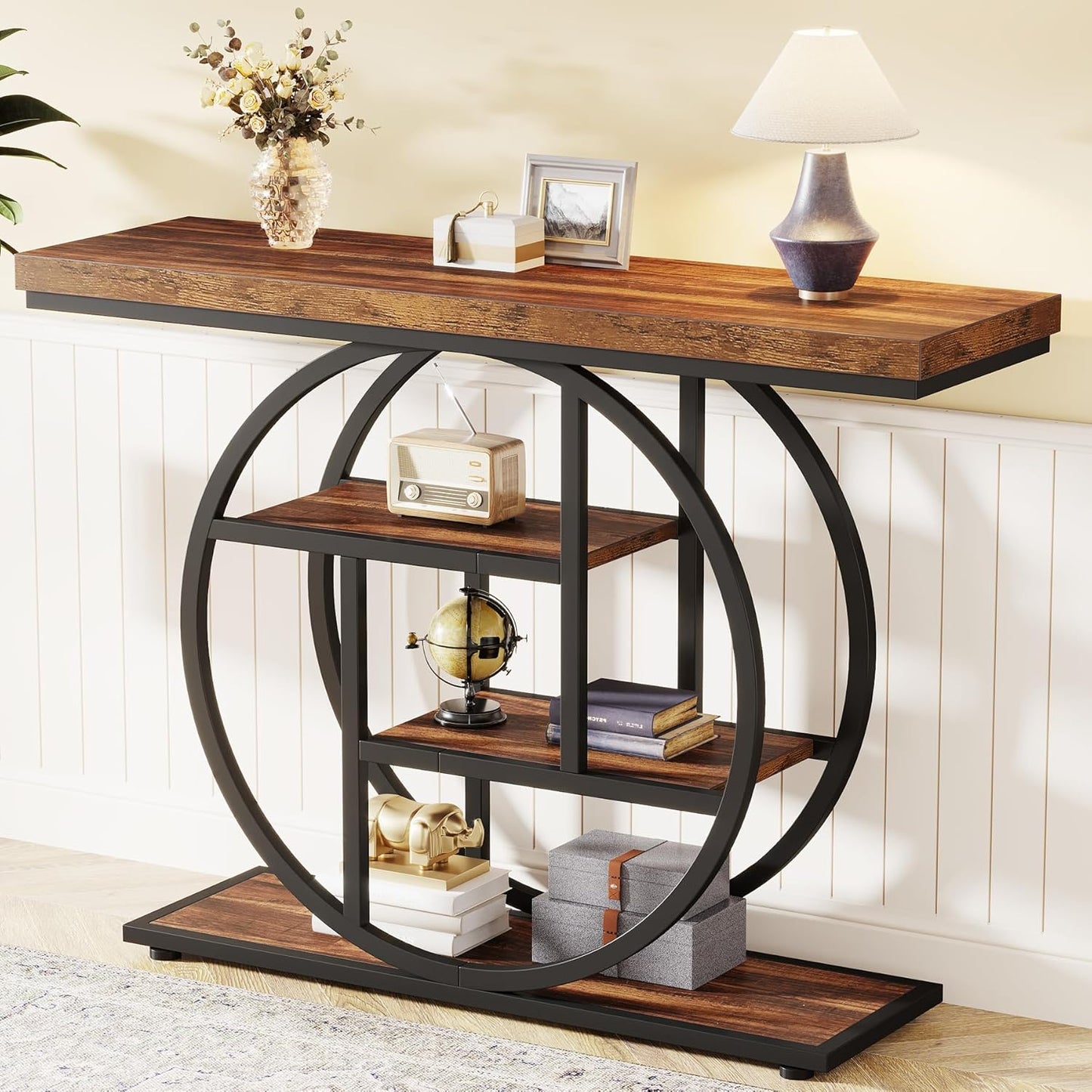 Tribesigns 41.3" Console Table, Industrial 4-Tier Sofa Table Entryway Table with Circle Base, Narrow Wood Accent Tables with Storage Shelves for Living Room, Hallway, Foyer, Rustic Brown