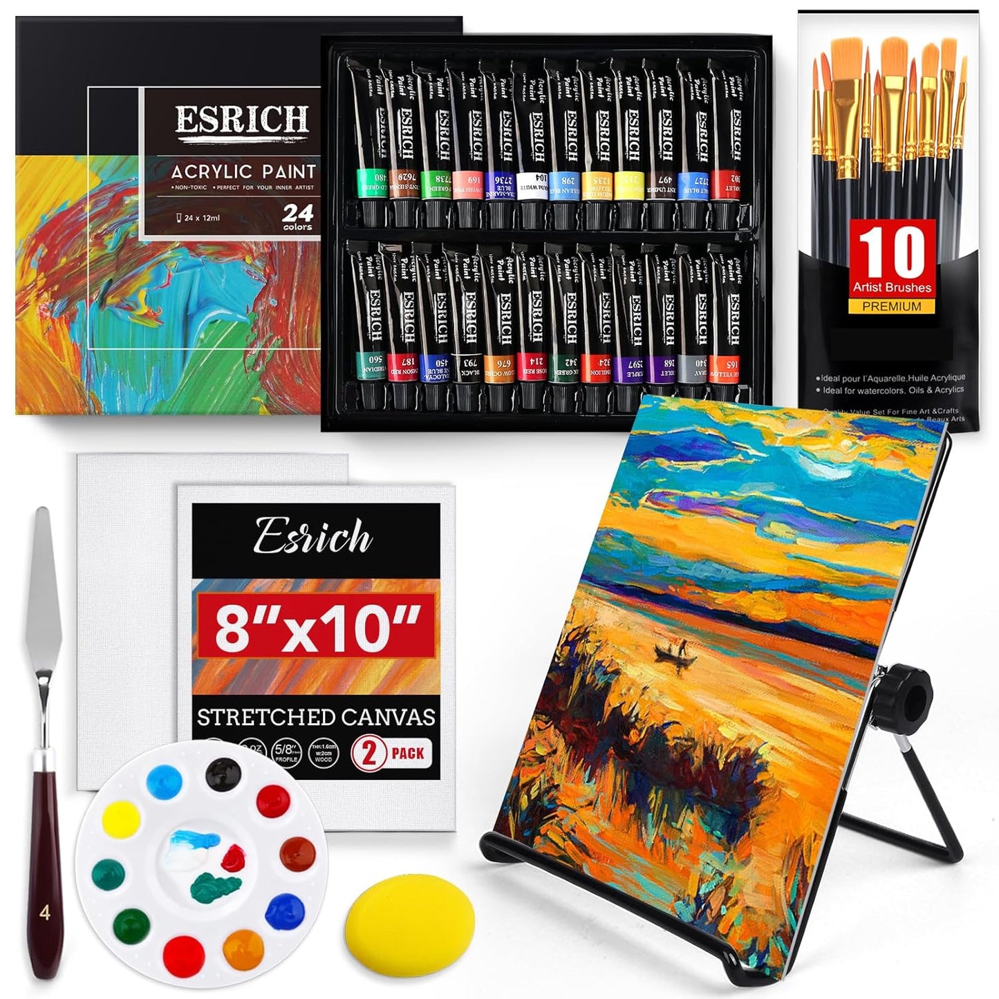 ESRICH Acrylic Paint Set,Professional Painting Supplies with Acrylic Paint,Canvas Panels,Paint Brushes,Paint Knife,Sponge,Plastic Palette and Wooden Easel for Adults,Kids and Artists.