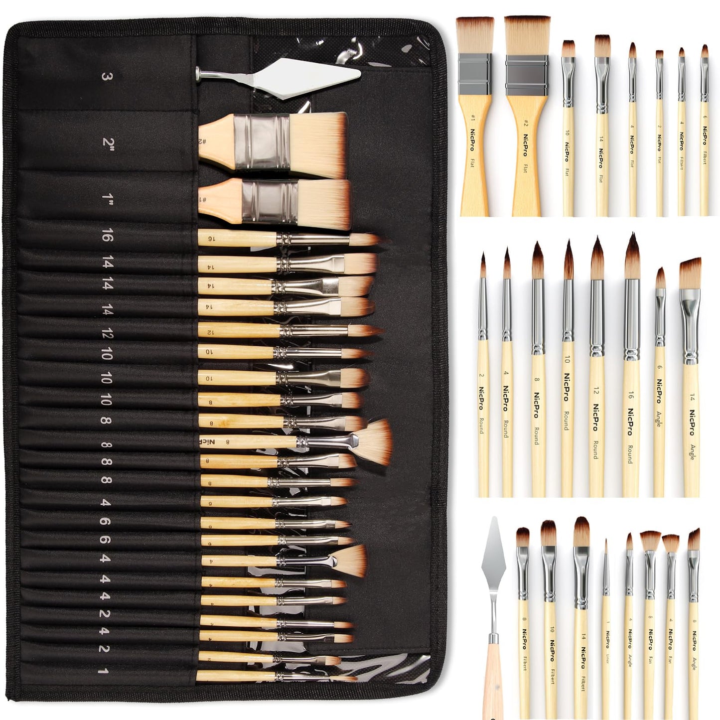 Nicpro 26pcs Paint Brush Set, Professional Paintbrushes with Palette Knife, Craft Paint Brushes for Acrylic Painting, Oil, Watercolor, Gouache & Canvas, Drawing & Art Supplies for Adults, Kids Artists