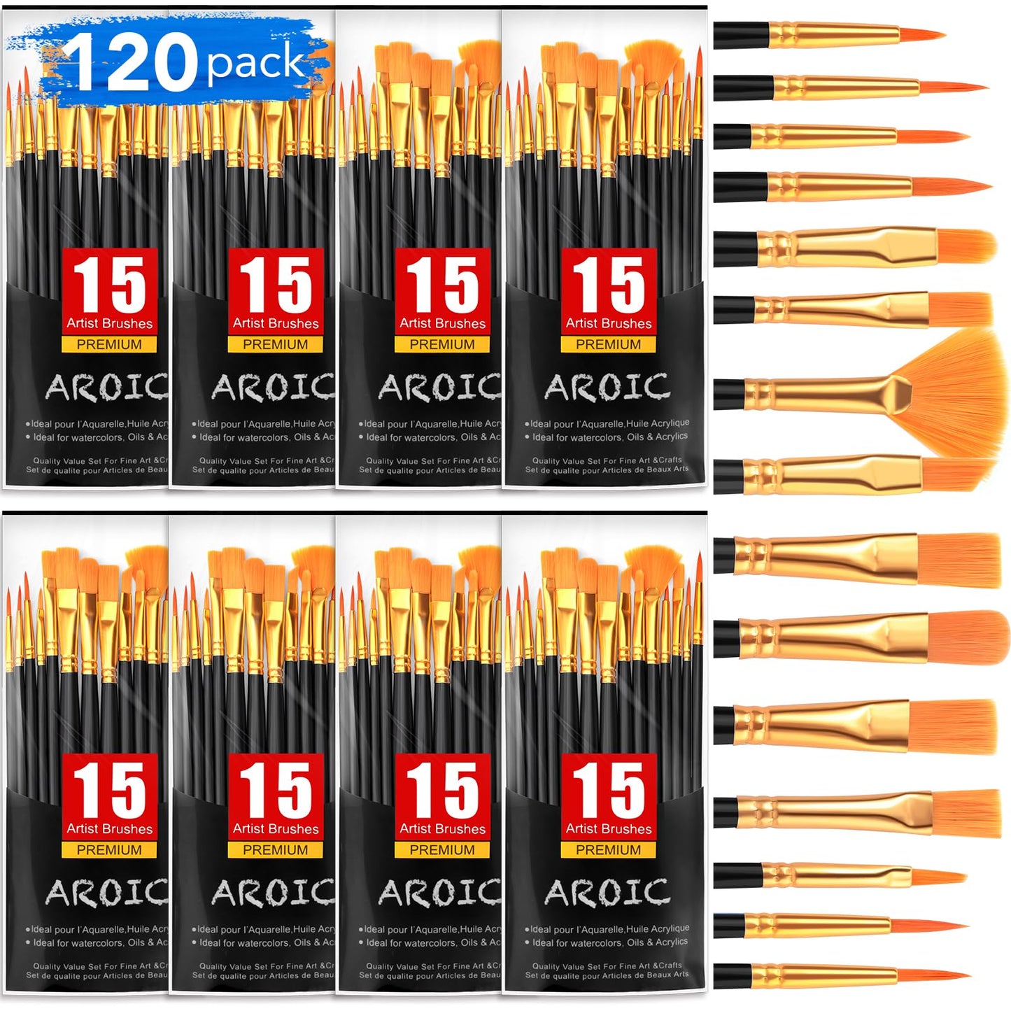 AROIC Acrylic Paint Brush Set,16pack/240pcs Nylon Hair Oil Watercolor Rock Face Painting Artist Paint Brushes, 15 Sizes Paint Brush Set for All Purposes Kids Adult Arts Paint Brush Supplies.