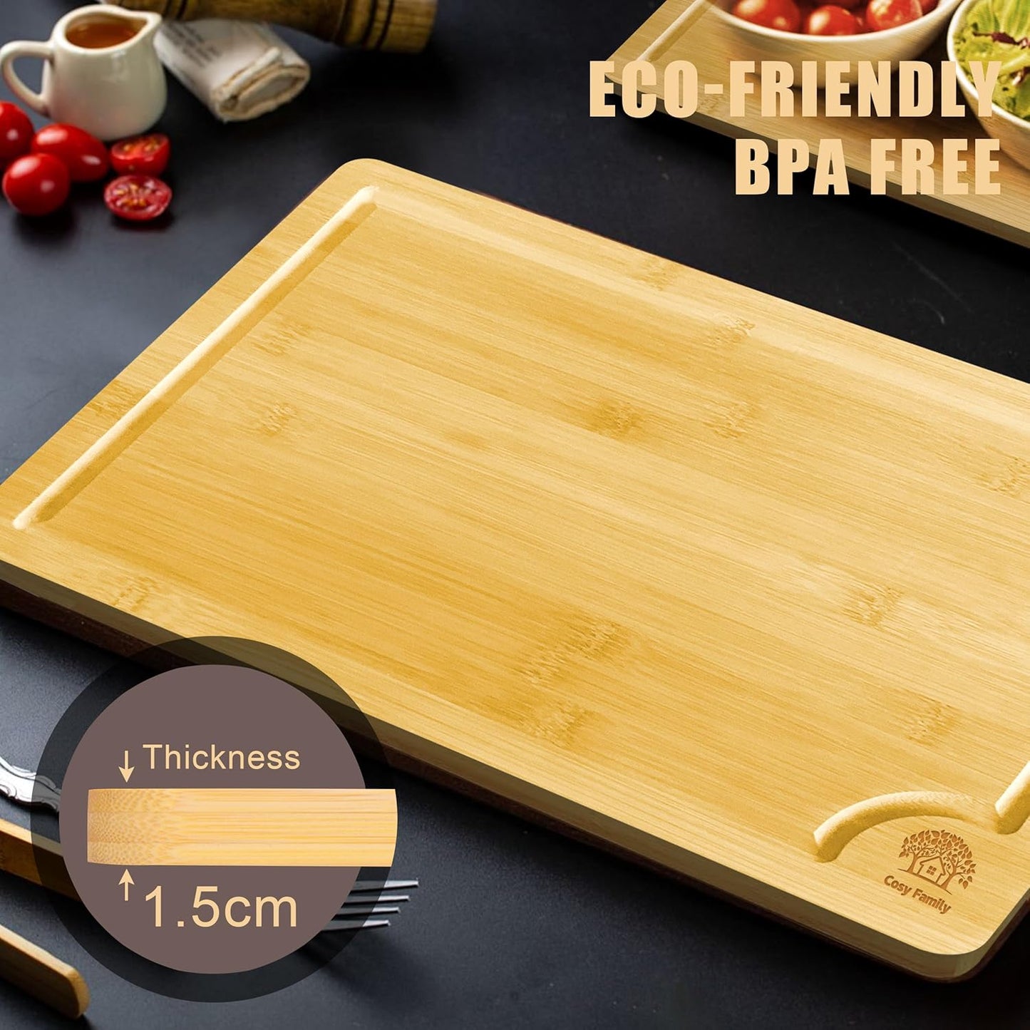 Cosy Family Wood Cutting Boards for Kitchen - Set of 3 - Bamboo Cutting Boards with Juice Groove, Serving Board Set, Thick Chopping Board for Meat, Veggies, Easy to clean