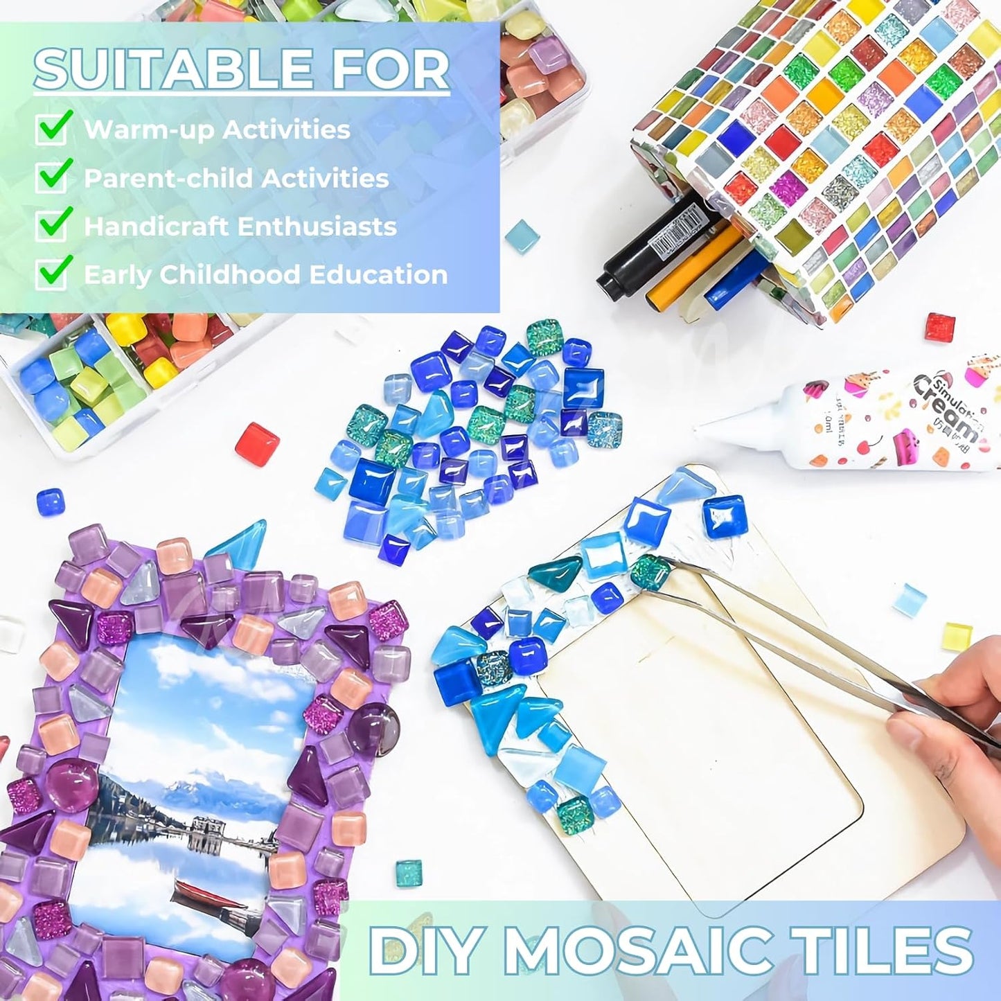 500g Mixed Color Crystal Mosaic Tiles, Atarvana 0.4''X0.4'' Mosaic Tile for DIY Art Projects with Different Shapes Tiles, Square, Triangle, Rounds Mosaic Tile for Handmade Craft