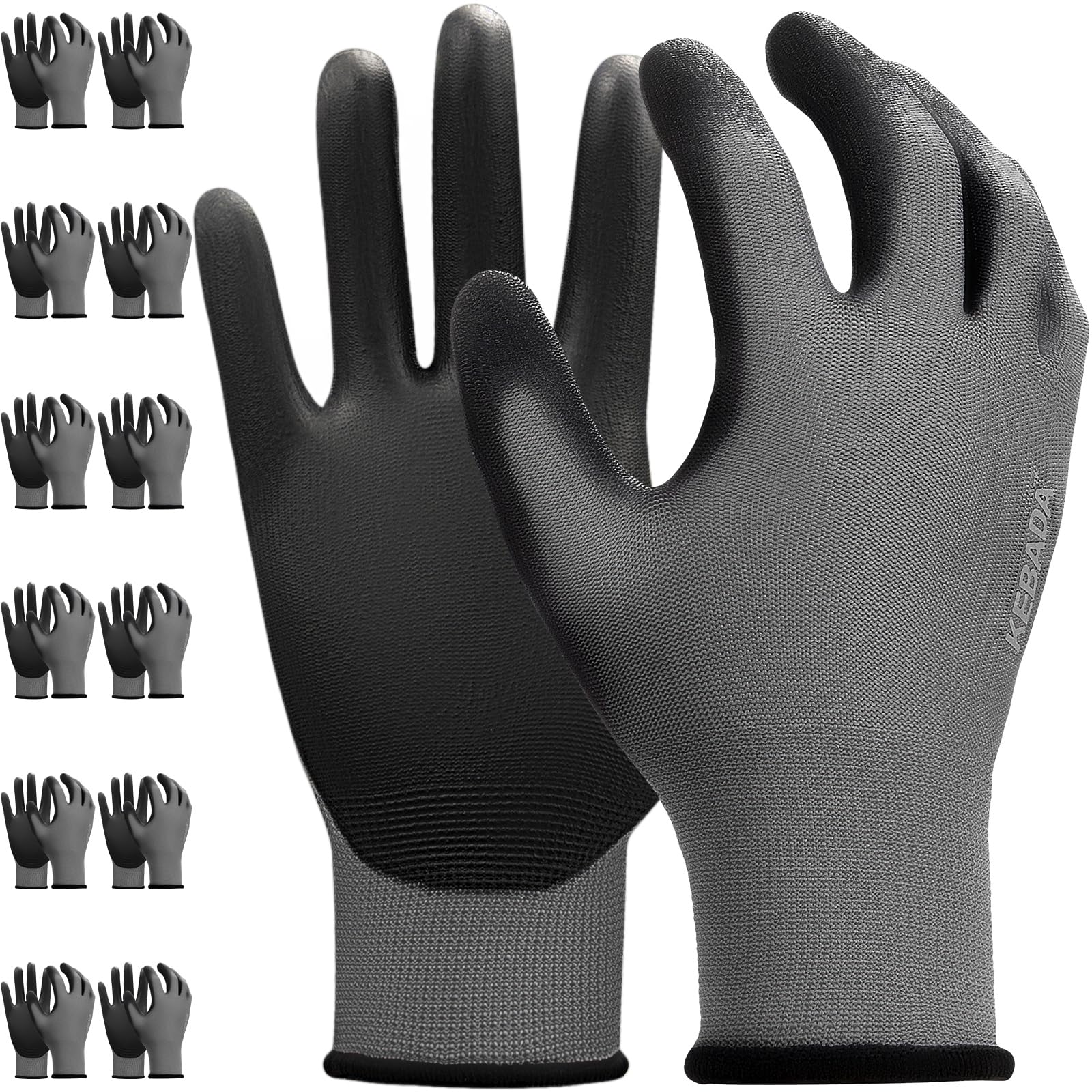 Kebada W1 Work Gloves for Men and Women, PU Coated Safety Gloves with Grip, Touchscreen, Ideal for Warehouse Package Handling, Construction, Gardening, Gray Large