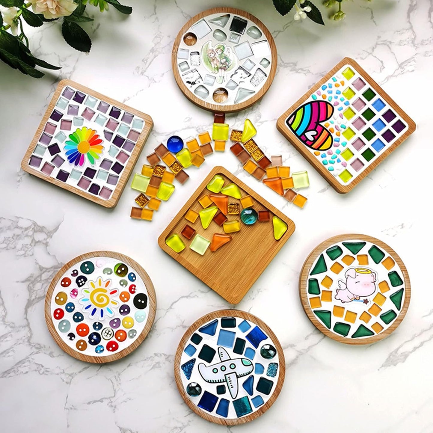 4PCS Mosaic Bamboo Coasters for Crafts, Blank Base Trays, Drinking Cup Coaster, Plant Coaster, Art Plate,DIY Mosaic Supplies (Round)