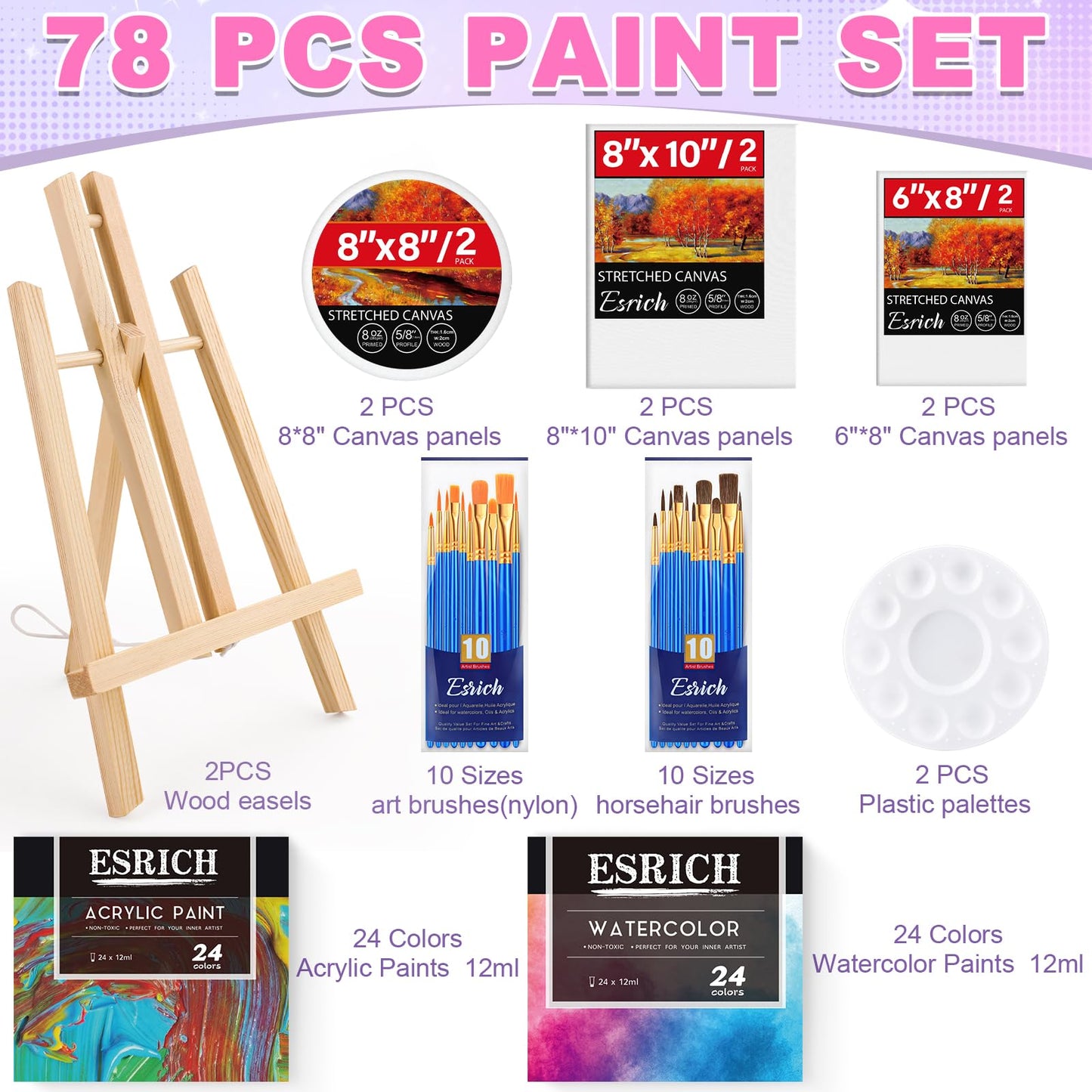 ESRICH Acrylic Paint Set,Professional Painting Supplies with Acrylic Paint,Canvas Panels,Paint Brushes,Paint Knife,Sponge,Plastic Palette and Wooden Easel for Adults,Kids and Artists.