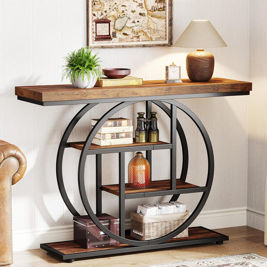 Tribesigns 41.3" Console Table, Industrial 4-Tier Sofa Table Entryway Table with Circle Base, Narrow Wood Accent Tables with Storage Shelves for Living Room, Hallway, Foyer, Rustic Brown