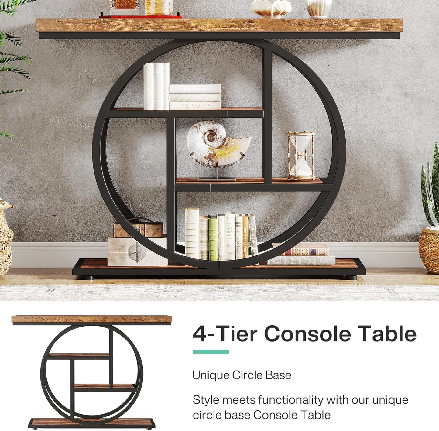 Tribesigns 41.3" Console Table, Industrial 4-Tier Sofa Table Entryway Table with Circle Base, Narrow Wood Accent Tables with Storage Shelves for Living Room, Hallway, Foyer, Rustic Brown