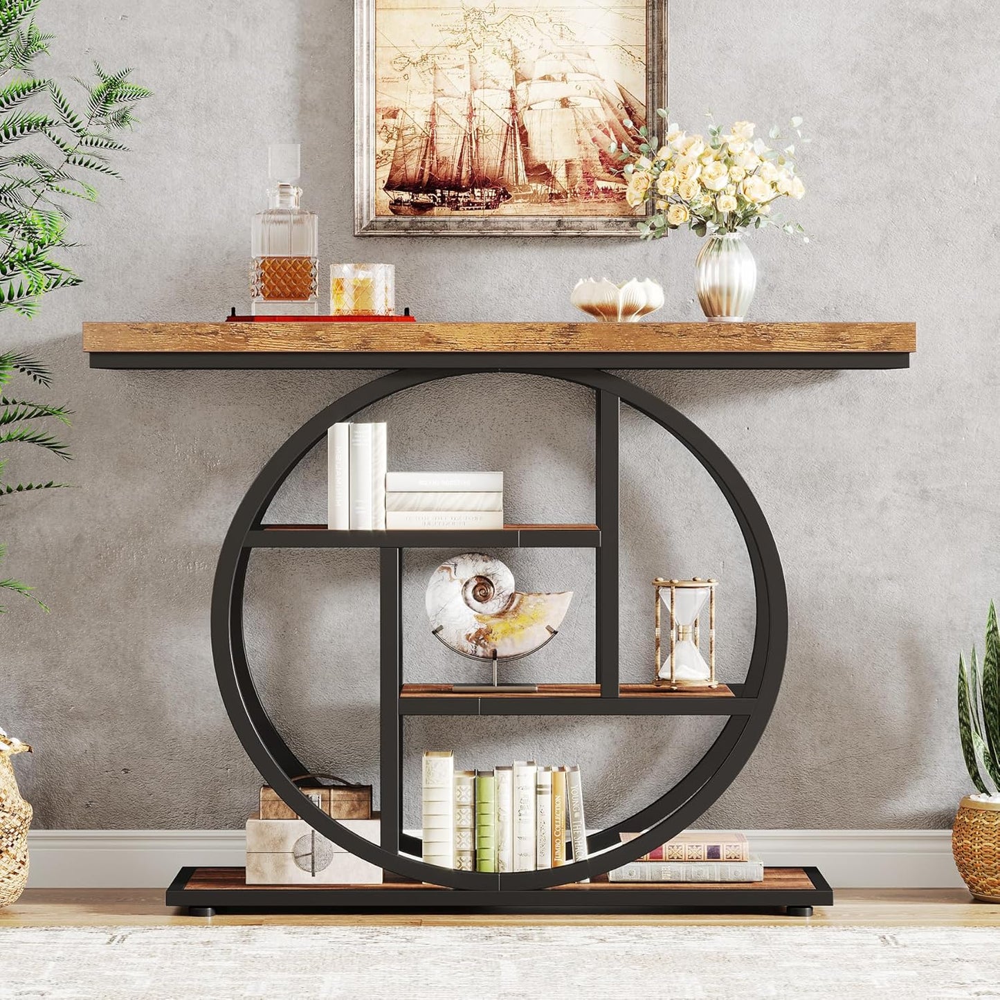 Tribesigns 41.3" Console Table, Industrial 4-Tier Sofa Table Entryway Table with Circle Base, Narrow Wood Accent Tables with Storage Shelves for Living Room, Hallway, Foyer, Rustic Brown