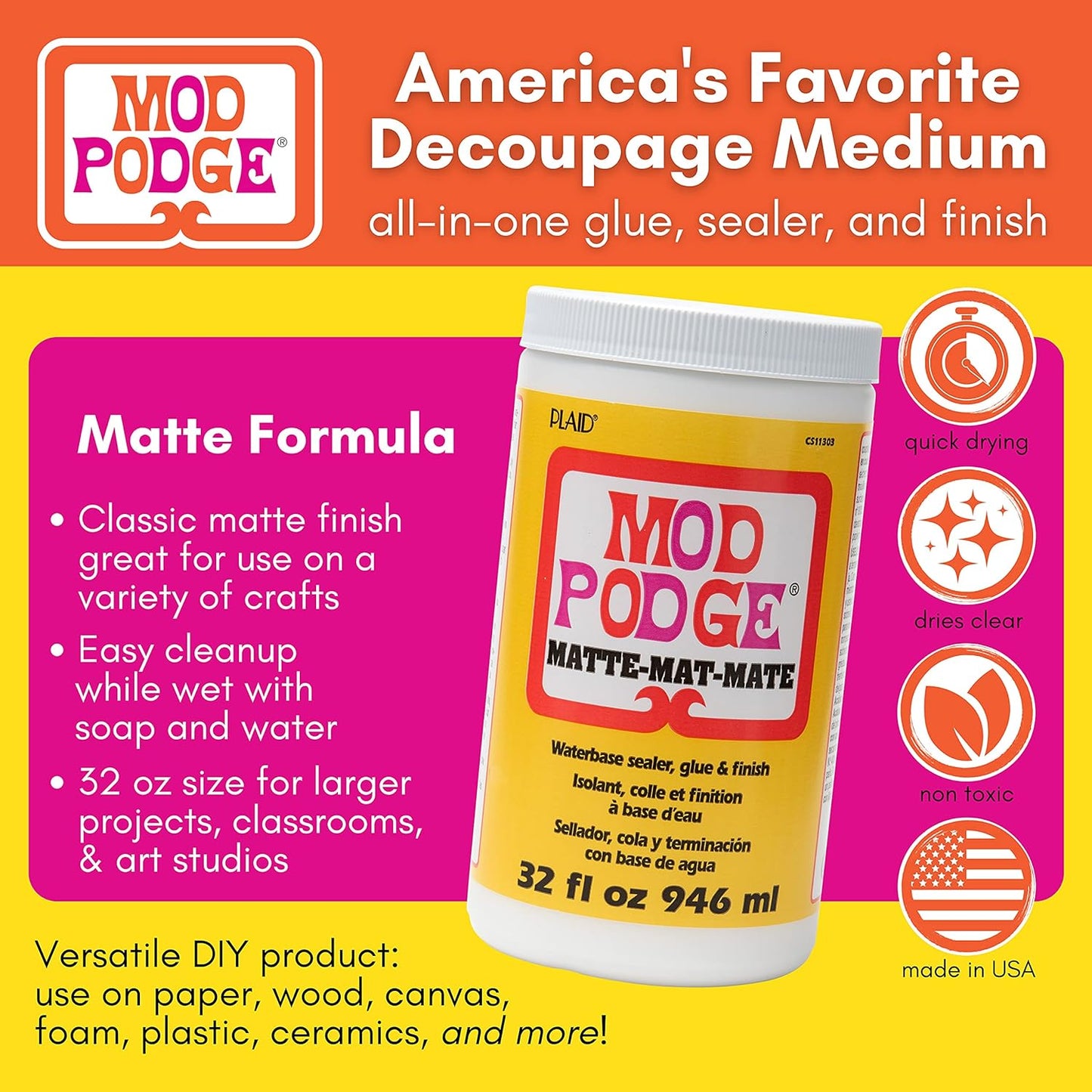Mod Podge Matte Sealer, Glue & Finish: All-in-One Craft Solution- Quick Dry, Easy Clean, for Wood, Paper, Fabric & More. Non-Toxic - Craft with Confidence, Made in USA, 32 oz., Pack of 1