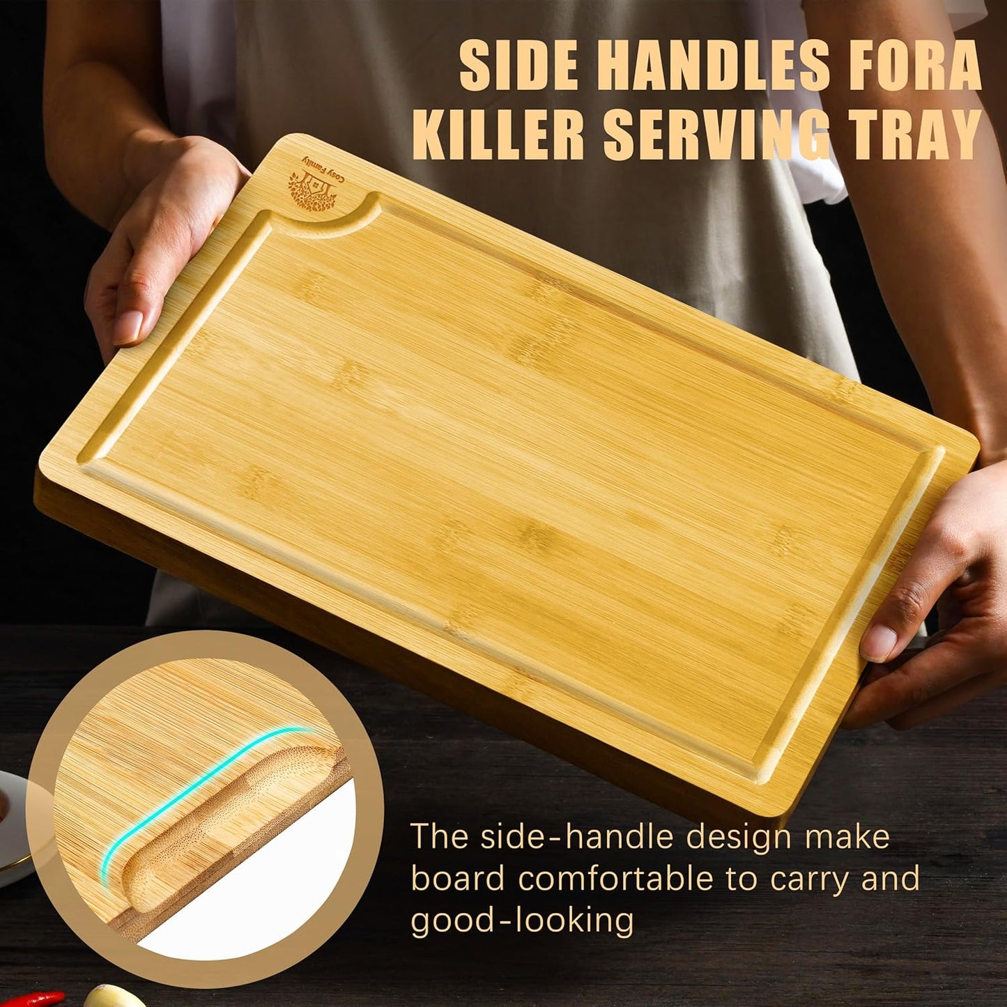 Cosy Family Wood Cutting Boards for Kitchen - Set of 3 - Bamboo Cutting Boards with Juice Groove, Serving Board Set, Thick Chopping Board for Meat, Veggies, Easy to clean