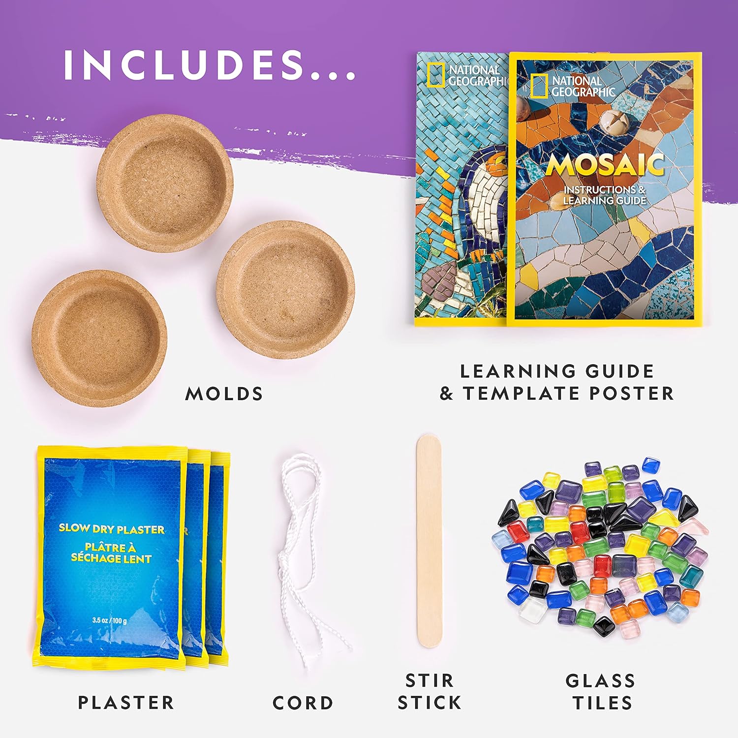 National Geographic Mosaic Arts and Crafts Kit for Kids - Mosaic Kit for Creating 3 Glass Tile Mosaic Art Projects, Includes Glass Tiles, Templates, Plaster & More, Art Supplies, Mosaic Kits for Kids