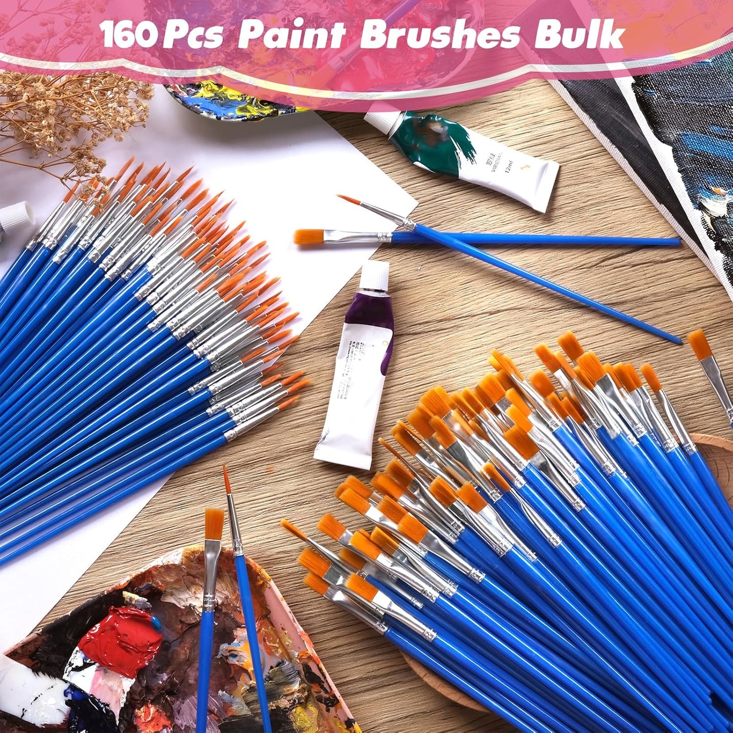 Small Paint Brushes Bulk, 160 Pcs Flat Tip Round Acrylic Paint Brushes for Kids Classroom Acrylic Watercolor Canvas Face Painting Touch Up