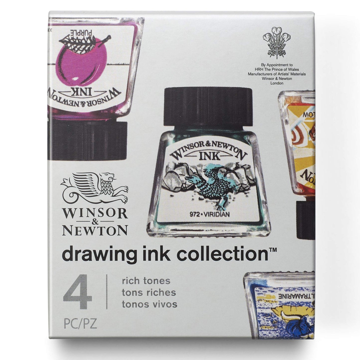 Winsor & Newton Collection Drawing Ink Set, Set of 4, Black, White, Metallic Tones