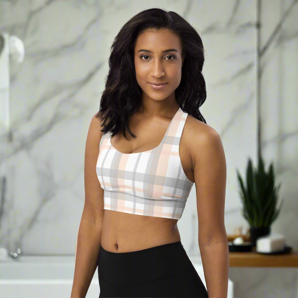 'DoveWISE' Peach/Gray Plaid Longline Sports Bra