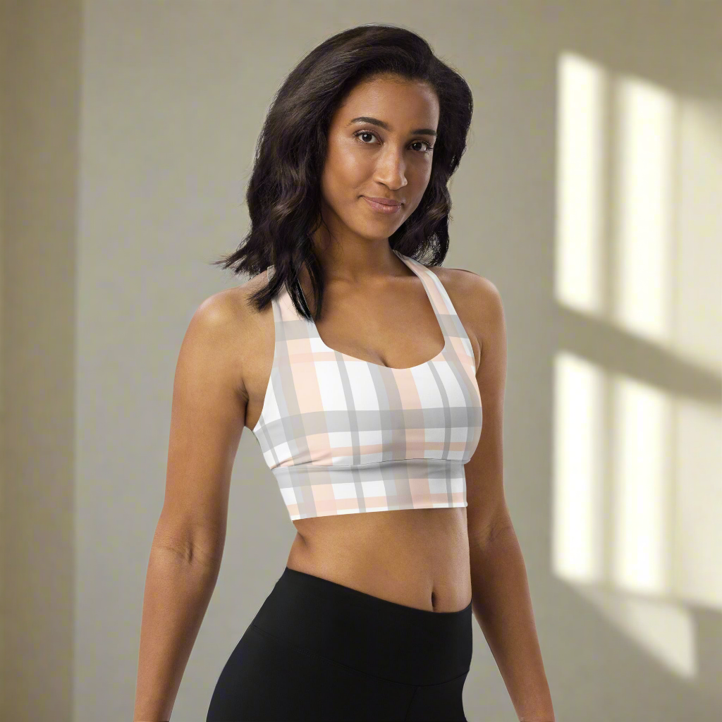 'DoveWISE' Peach/Gray Plaid Longline Sports Bra