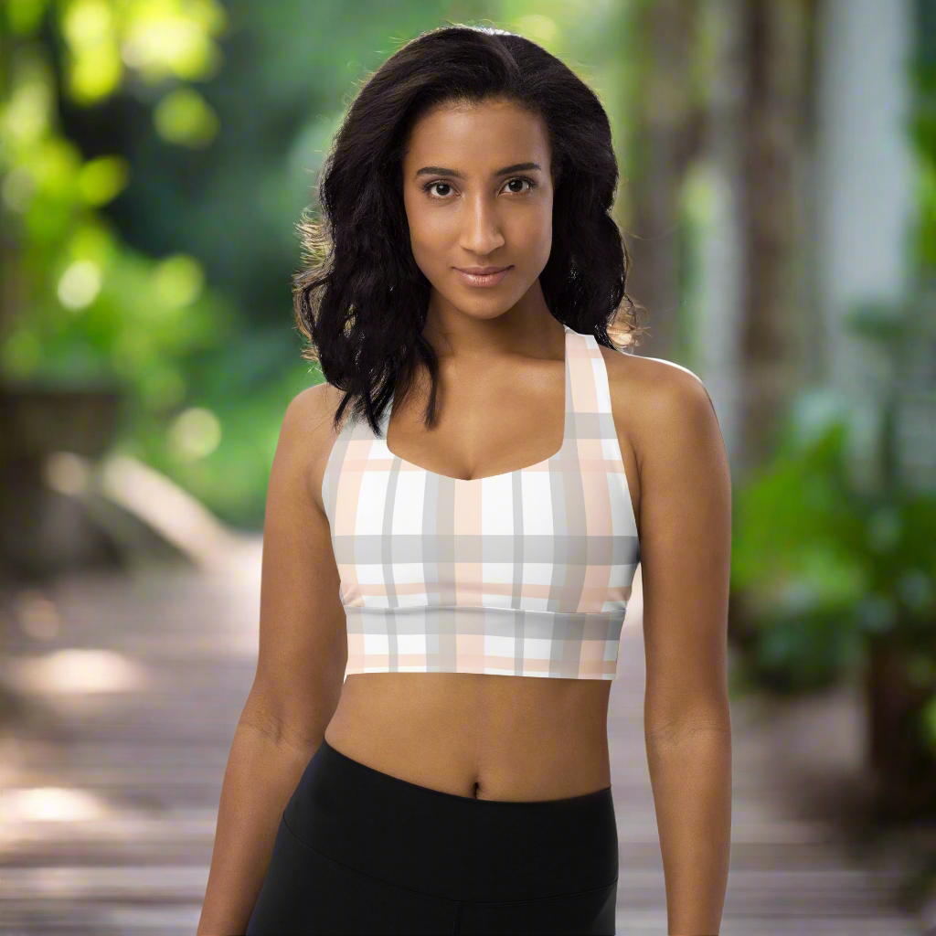 'DoveWISE' Peach/Gray Plaid Longline Sports Bra